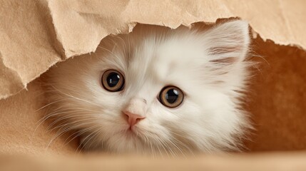 Obraz premium Fluffy White Kitten Peeking Out of Slightly Torn Paper Bag with Guilty Expression on Warm Beige Back