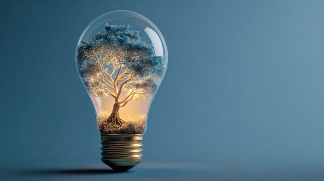 Tree growing inside a light bulb with warm illumination