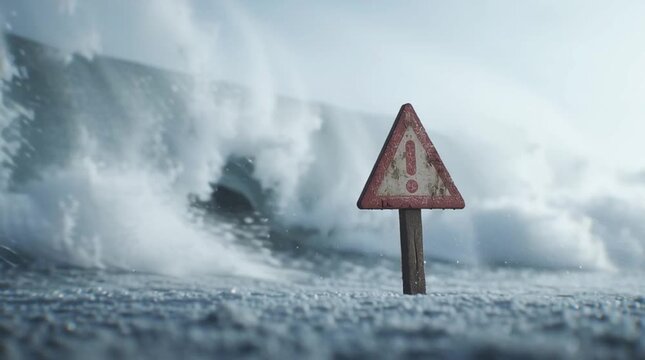 A red caution sign wrapped in water with a wild wave breaking behind it, demonstrating the power and dangers of nature