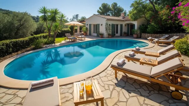 A serene backyard oasis with a kidney-shaped pool, lounge chairs, and a house