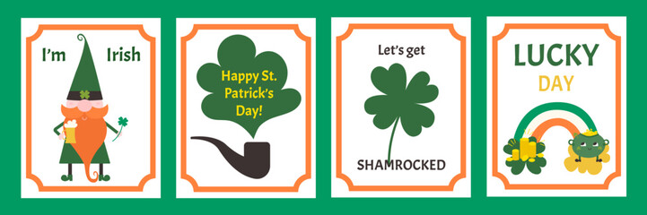 Saint Patrick's Day vector flat greeting cards collection. Green shamrock and leprechaun with rainbow and smoking pipe. © Marina Smith