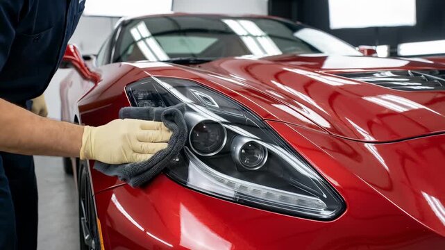 Close-up of professional detailer wearing gloves meticulously wiping down the glossy metallic red hood and headlight of a modern sports car with a microfiber cloth.