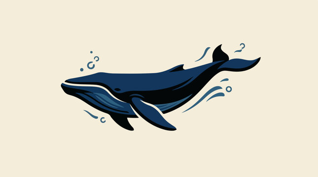 Blue whale swimming in the ocean with musical notes.