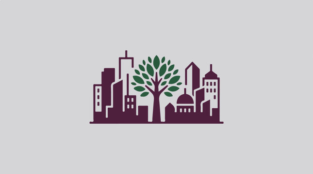 Cityscape with a prominent green tree in the center, symbolizing urban nature and sustainability.
