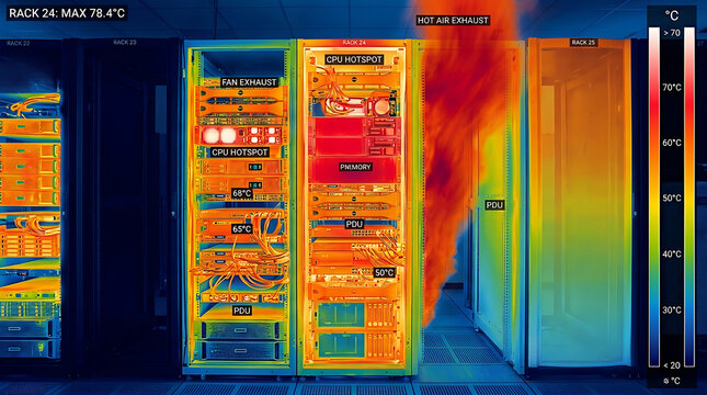 thermal imaging infrared photograph of data center server rack showing heat distribution patterns with hot spot visualization in orange and red thermal gradient palette with high resolution detail