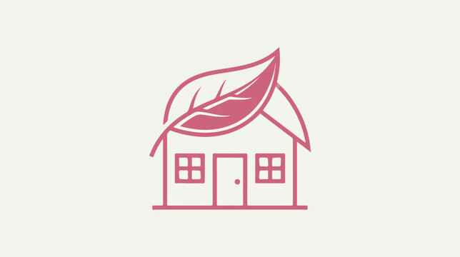 Eco-Friendly Home with Leaf Roof Line Art Illustration.