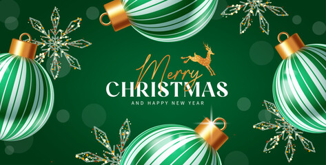 Merry Christmas greeting banner with green ornaments, snowflakes, festive typography and elegant holiday decoration in modern flat geometric style on dark green background. © Larisa
