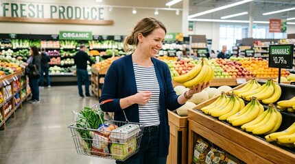 Obraz premium Woman smiling while choosing fresh bananas in a bright, modern grocery store produce section.