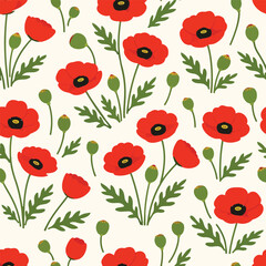 Fototapeta premium Poppies Flower Summer Poppy Remembrance Day Floral Pattern Background Field Flowers Red Green Poppy Vector Print