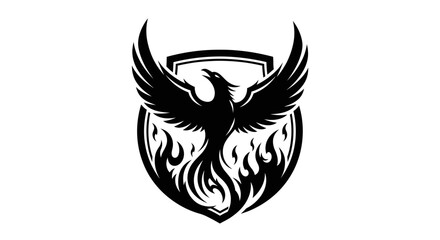 Obraz premium Mythical Phoenix Bird Rising from Flames within a Shield Emblem Vector. Strong Legendary Creature Symbol of Rebirth and Power.