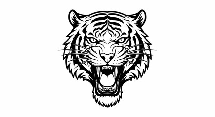 Fototapeta premium Fierce Roaring Tiger Head Vector Illustration. Detailed Black and White Big Cat Face Mascot Design, Strength and Power Symbol.