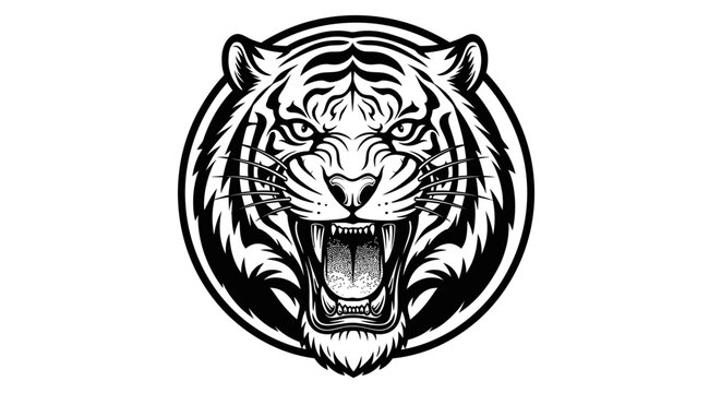 Aggressive roaring tiger head illustration in black and white, depicting a wild animal's power and strength, perfect for mascot designs.