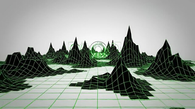 Abstract digital landscape with glowing green data grid network