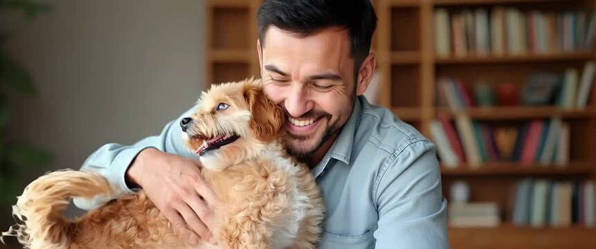 Documenting charming encounters of dad with pet in relaxed settings that embody loyal companionship and unconditional affection within a warm family environment in  Photo Stock  Concept  and empty spa