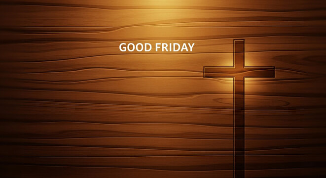 Good Friday wooden cross on rustic plank wall with warm golden lighting and solemn mood
