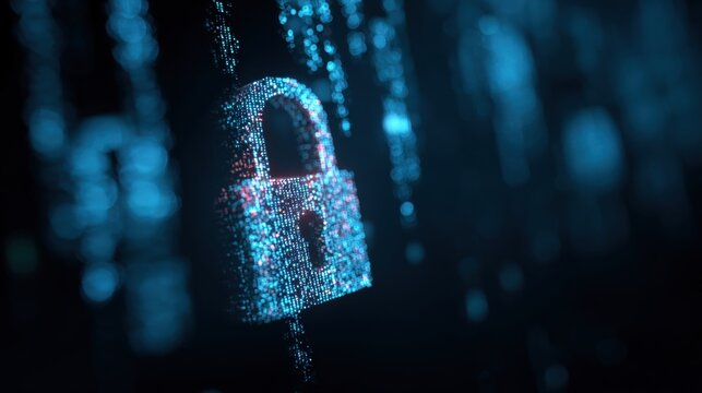 Digital padlock formed from glowing particles security concept