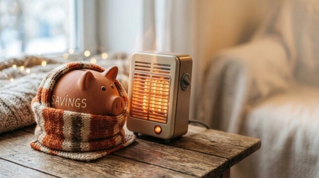 Savings piggy bank wrapped in a scarf placed by a window next to a portable heater. Concept of high energy prices, home insulation, heating efficiency and winter financial crisis.