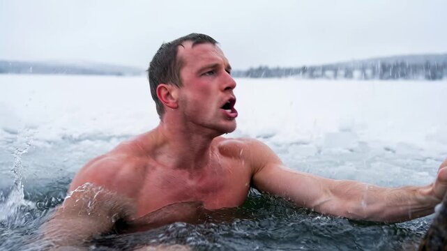 Muscular man gasping while emerging from freezing ice water hole during winter cold plunge or winter swimming activity in snowy landscape.