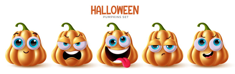 Halloween banner, poster, greeting card and cover design with funny pumpkin characters, expressive faces and festive typography on white background in cute cartoon style. © Larisa