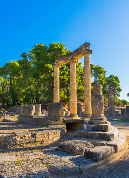 Ionic circular memorial, The Philippeion, at the Archaeological Site of Olympia, UNESCO world heritage site in Elis, Peloponnese, Greece
