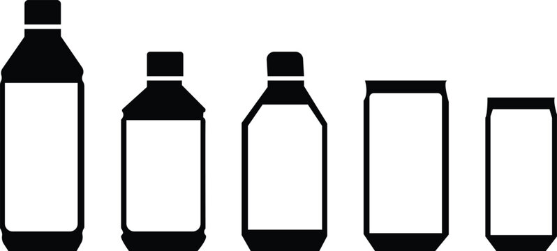 Collection of various bottles and cans on white background, beverage packaging design