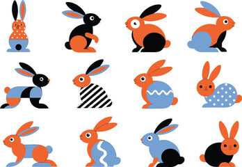 Obraz premium Easter bunny and eggs silhouette set isolated on transparent background, Vector, illustration Cute colorful bunny character vector set