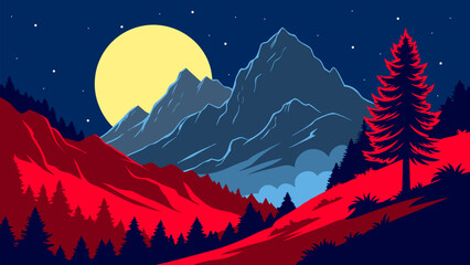Dramatic vector landscape of mountains under a bright moon with pine forest silhouettes. Ideal for nature themes, outdoor adventure, wilderness travel posters, camping designs, and scenic backgrounds. © yossi