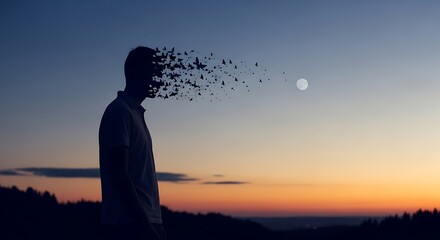 Fototapeta premium Man with head turning into birds.