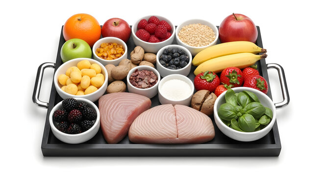 A vibrant arrangement of fresh fruits, nuts, and lean proteins presented on a dark tray, conveying a message of well-being and balanced nutrition. Ide