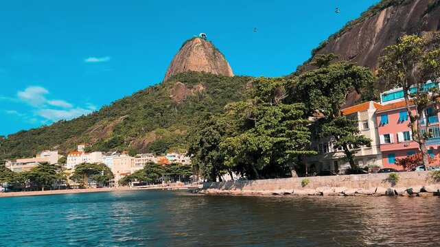 Beautiful Day in Rio de Janeiro with Sugarloaf Mountain View full shot pan right camera movement