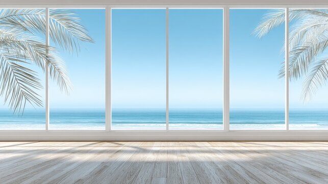 Expansive interior space features a wide panoramic window overlooking a bright ocean vista with foliage framing the view