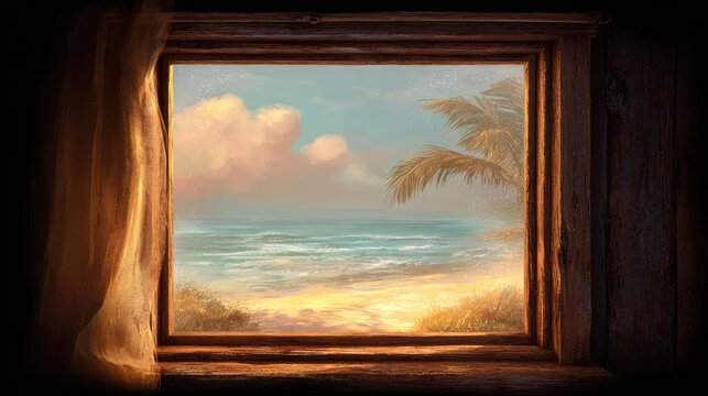 Wooden window frames a vibrant view of a sunlit tropical seashore and ocean.