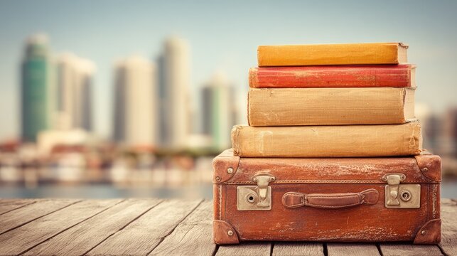Stack of antique books rests atop a weathered suitcase on a wooden surface overlooking a city skyline.
