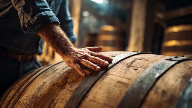 Hand gently touches the aging barrel in a rustic distillery, showcasing the craftsmanship and tradition behind spirit production, evoking a sense of history and quality craftsmanship.
