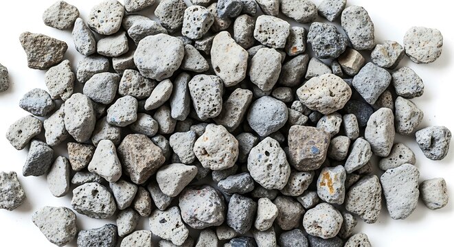 A collection of textured porous pumice stones scattered across a clean white surface background