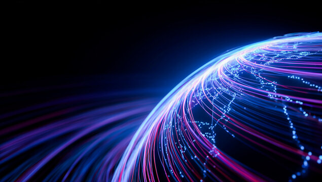 Glowing blue and purple digital earth globe with networking light trails and data lines representing global telecommunications