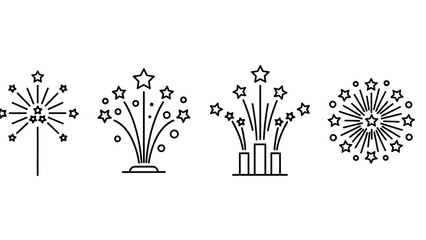 A collection of stylized line art icons representing fireworks displays with starburst patterns and ascending trails