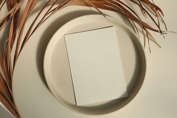 Naklejka premium Minimal Blank Card Mockup on Ceramic Plate. Dried Palm Leaves in Sunlight. Beige Table Background. Natural Neutral Branding Template, Elegant Summer Wedding Stationery Scene. Copy Space, Flatlay, top