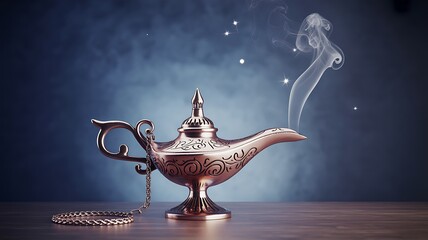 Naklejka premium Vintage metal lamp with smoke rising, genie lamp