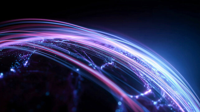 Vibrant blue and purple light arcs over a digital globe representing high speed data transmission and satellite communications