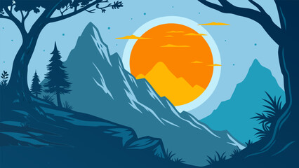 Peaceful vector landscape featuring mountains and sunset in a valley with forest silhouettes. Ideal for travel design, nature backgrounds, outdoor adventure themes, and scenic environment illustration © yossi