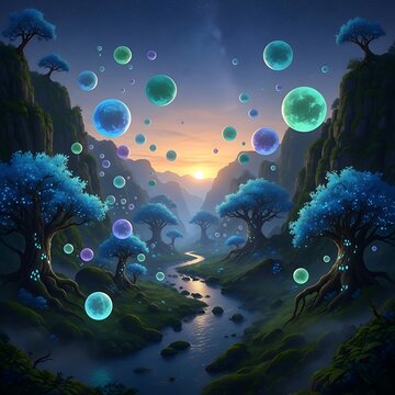 Fantasy landscape with glowing orbs floating.