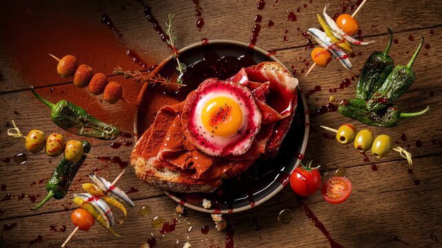 Dynamic overhead shot of Spanish tapas featuring jam&oacute;n, fried egg with vivid red sauce splash, Padr&oacute;n peppers, olives, and anchovy skewers on rustic wood.