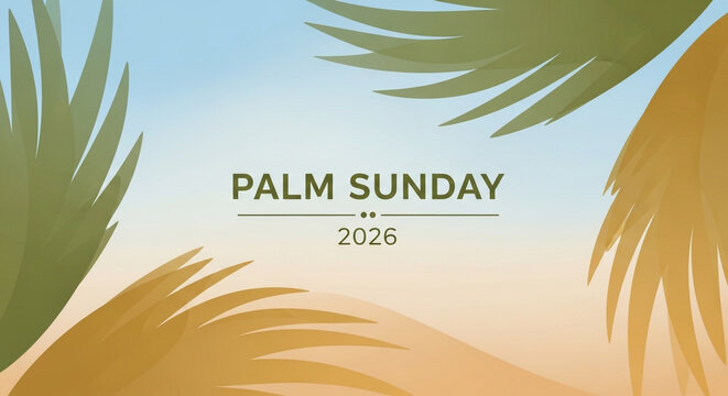 Palm Sunday celebration banner with golden palm leaves and warm sunset background