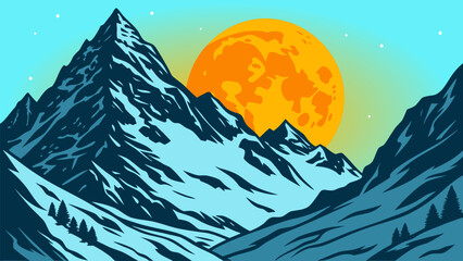 Beautiful winter mountain vector scene with glowing golden moon behind snowy peaks. Perfect for nature posters, adventure branding, outdoor exploration themes, travel artwork, and scenic wallpapers. © yossi