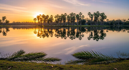 Obraz premium Golden sunset over serene palm-fringed lake with tranquil water reflection