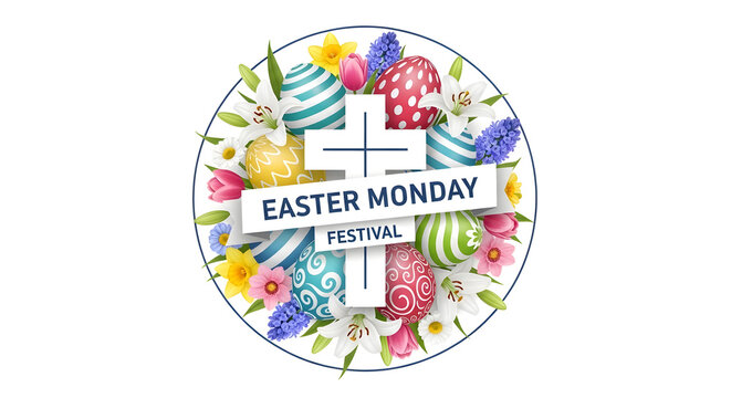 Easter monday festival logo with colorful eggs and flowers