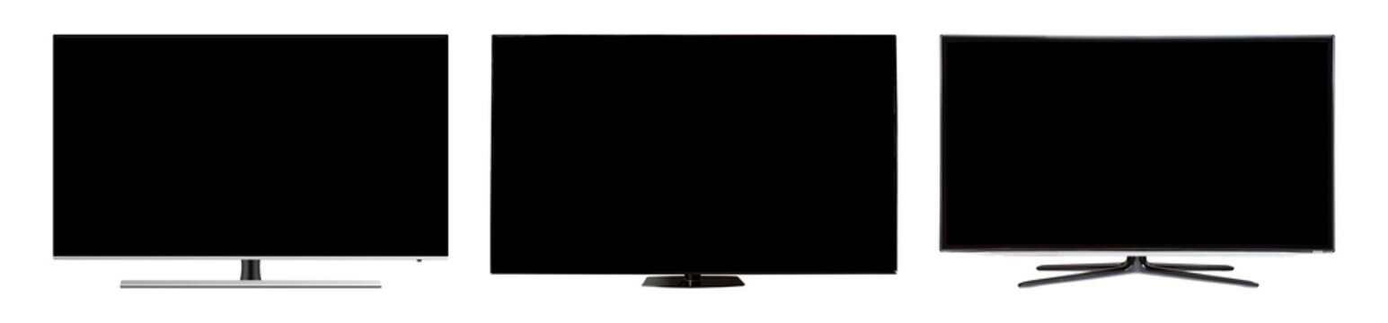 Set of tv with white screen. Green screen for designer isolated on white background. Clipping path, three old tvs.