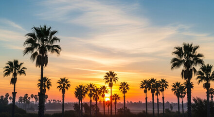 Obraz premium Tropical sunset with silhouetted palm trees and warm golden sky at beach horizon