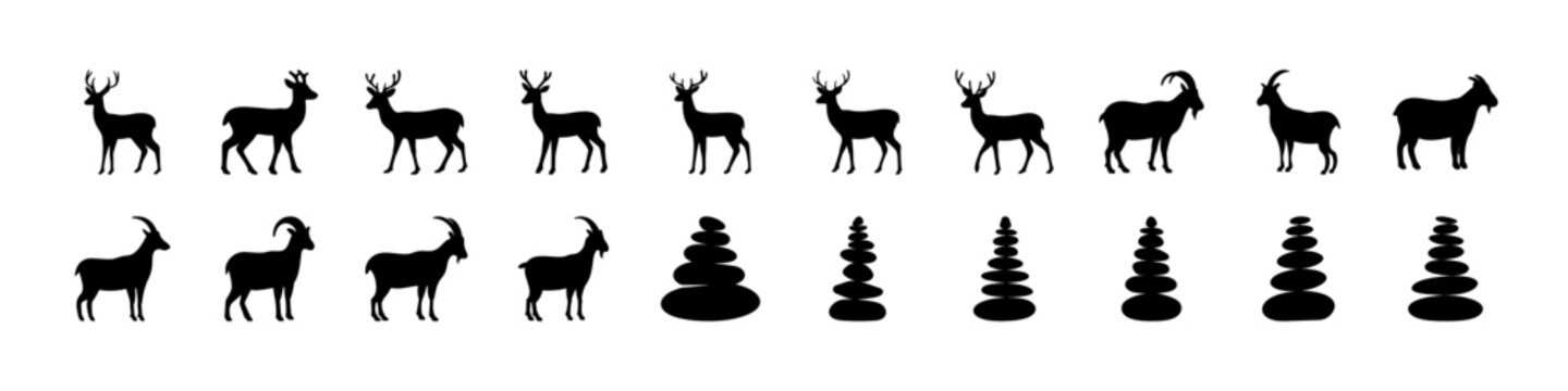 Deer and Pine Tree Silhouettes Nature Collection Set - Collection of deer silhouettes alongside pine trees, ideal for wildlife themes, forest landscapes, hunting concepts, and outdoor nature design pr